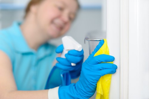 Cleaner assessing a rug for stains and fibre type in North London