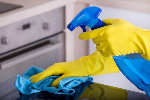 Professional cleaner working on hard-to-reach windows in a North London property
