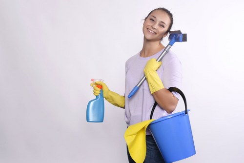 Professional cleaner maintaining a shared entrance in Tufnellpark